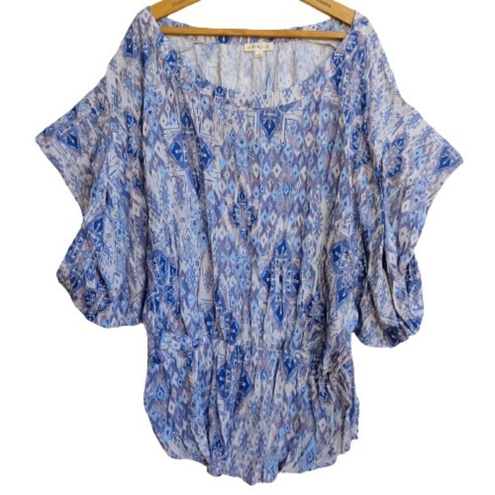 Women's Boho Ikat Print Tunic Top Size XXL 2XL Blue Short Sleeve Kindom Viscose